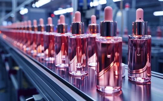 Cosmetic bottles on production line during contract manufacturing process