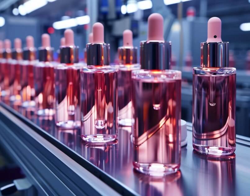 Cosmetic bottles on production line during contract manufacturing process