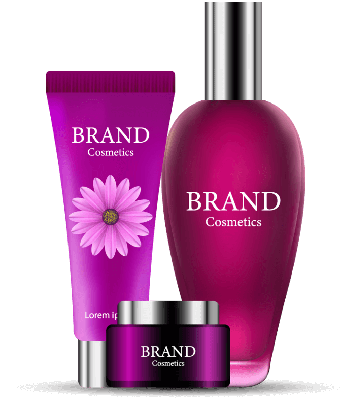 Cosmetic skincare products including cream jar, tube, and perfume bottle