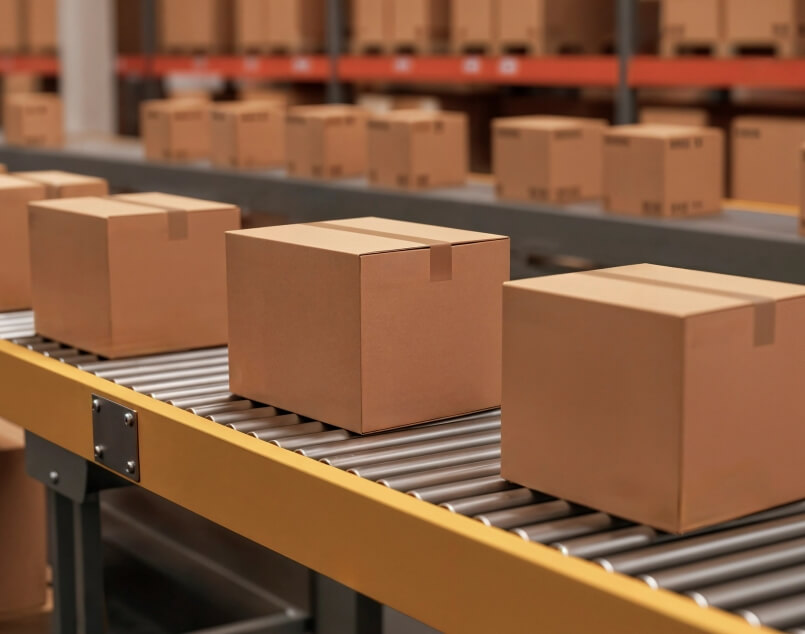 Bulk and retail product packaging boxes on conveyor belt for shipping and delivery